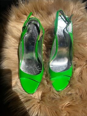 Nando Muzi Neon Green Patent Slingback Peep-Toe Heels Palm Beach Style 🏝️